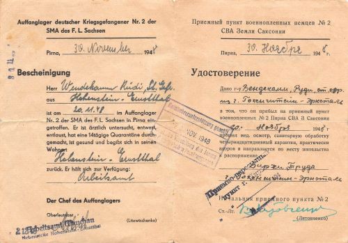 Orig. Bescheinigung / Удостоверение Kriegsgefangene 1948 Pirna Sachsen