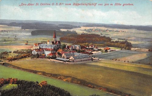 "Erz-Anbtei St. Ottilien O. S. B." vom Zeppelinluftschiff gesehen Postkarte AK