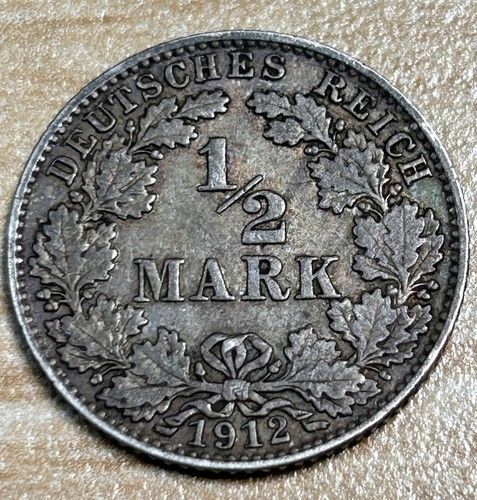1/2 Mark, 1912 J, Deutsches Reich, 900er Silber Münze, Sehr Schön