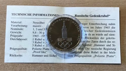 Russland 1 Rubel 1977 Olympiade 1980 PP mit Zertifikat