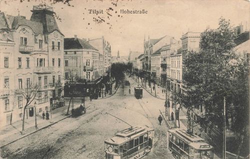 Hohestraße mit Straßenbahn in Tilsit Ostpreussen Postkarte AK 1919