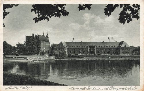 AK Münster Aasee mit Gauhaus und Baugewerkschule 1939 NRW gelaufen