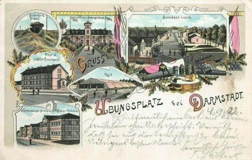 Gruss vom Übungsplatz bei Darmstadt mit Offizier Gebäude Litho Postkarte AK 1902
