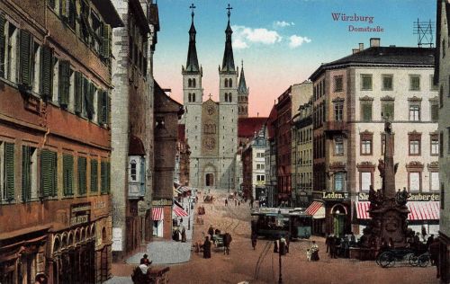 AK Würzburg Domstraße Dom Strassenbahn Bayern 1917 gelaufen Postkarte