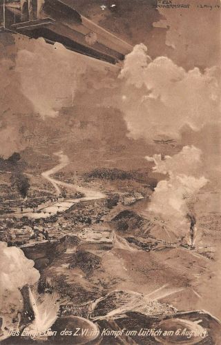 Das Eingreifen des Zeppelin VI im Kampf um Lüttich Patriotika Postkarte AK