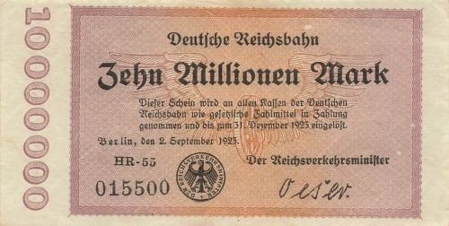 10 Millionen Mark 2.9.1923 Deutsche Reichsbahn RVM-4