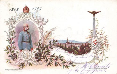 Portrait Kaiser Franz Josef mit Blick auf Wien Patriotika Postkarte AK 1898