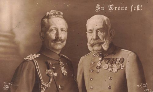 AK 1.WK Wilhelm II Franz Joseph Portrait 1915 gelaufen Patriotika Postkarte