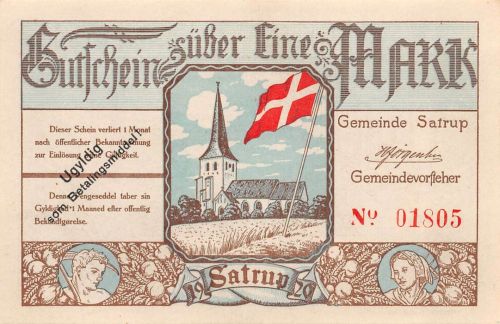 1 Mark Notgeld SATRUP DNS Sottrup DK (1920) Entwertungs-Aufdruck