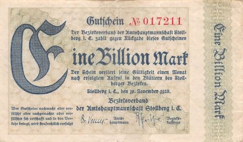 1 Billion Mark Notgeld Banknote STOLLBERG 10.11.1923