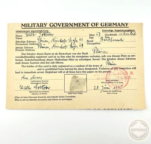 Military Government of Germany Registrierungskarte 28.06.1945 Plauen Bankbeamter