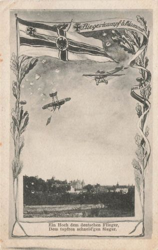 Fliegerkampf bei Blamont Flieger Spruchkarte mit Reichsfahne Postkarte AK 1916