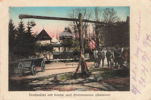AK 1.WK Galizien Kirche Ziehbrunnen Soldaten Polen 1917 gelaufen Patriotika
