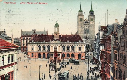 AK Magdeburg Markt Rathaus Strassenbahn Sachsen-Anhalt 1909 gelaufen Postkarte
