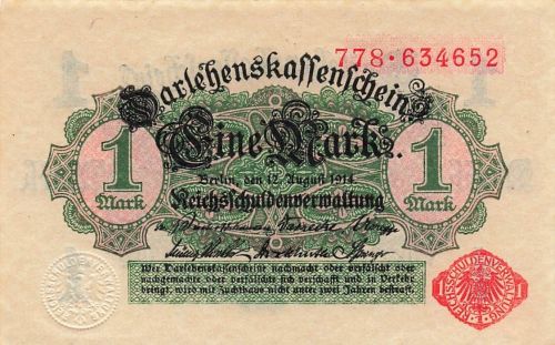 1 Mark Darlehnskassenschein 12.8.1914 DEU-57b Siegel rot Kassenfrisch/UNC