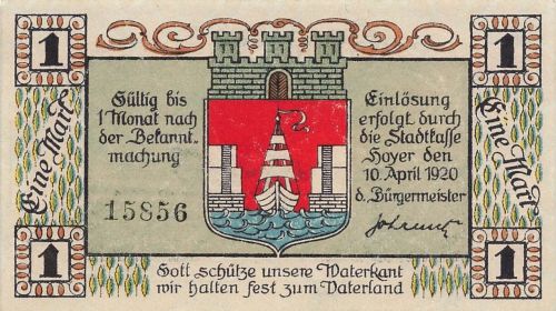 1 Mark Notgeld HOYER Stadt DNS Hojer Dänemark