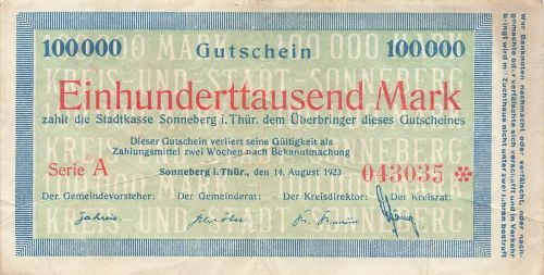 100000 Mark Notgeld SONNEBERG i. THÜR. Gutschein 14.8.1923