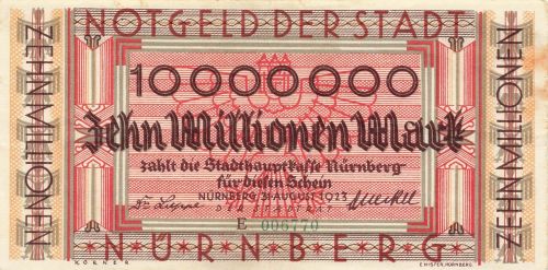 10 Millionen Mark Notgeld NÜRNBERG 31.8.1923