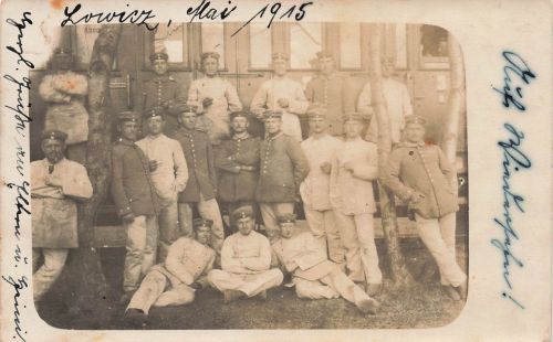 Fotokarte 1.WK deutsche Soldaten Personenwaggon Bahnhof Lowicz Polen