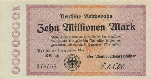 10 Millionen Mark 2.9.1923 Deutsche Reichsbahn RVM-4