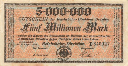 100 Millionen Mark 121.8.923 Reichsbahn Dresden