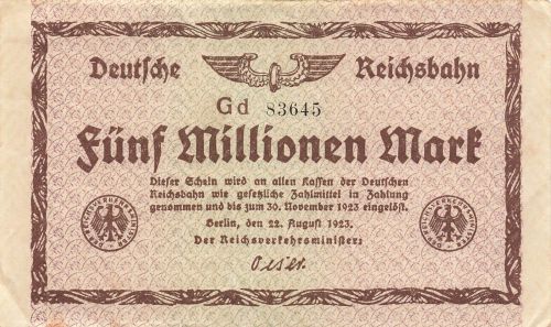 5 Millionen Mark 22.8.1923 Deutsche Reichsbahn, RVM-3