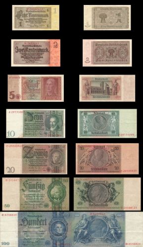 7 x Reichsbanknoten 1 Rentenmark 1937 bis 100 Reichsmark 1935 Konvolut