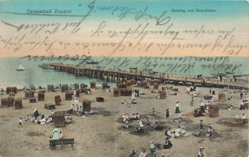AK Zoppot Seesteg Strandleben Menschen Pommern 1909 gelaufen Postkarte