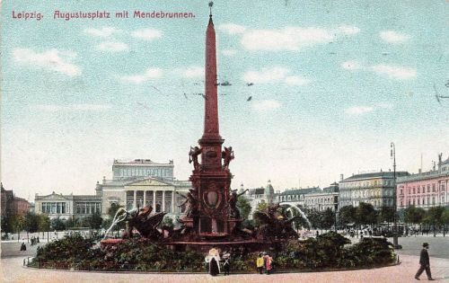 AK Leipzig Augustusplatz Mendebrunnen Hotel Sachsen 1910 gelaufen Postkarte