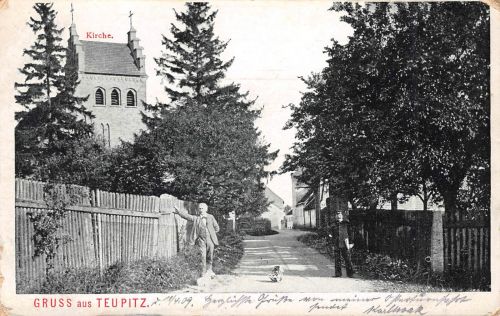 Gruss aus Teupitz Kirche, Postmann Strasse Postkarte 1909