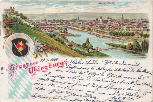 AK Würzburg General Ansicht Bayern 1900 gelaufen Postkarte Litho