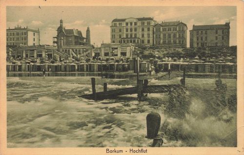 AK Borkum Hochflut Strand Steg Niedersachsen 1912 gelaufen Postkarte