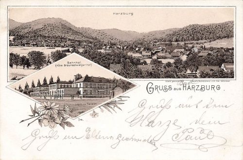 AK Harzburg Bahnhof Hotel Braunschweiger Hof Niedersachsen gelaufen Postkarte