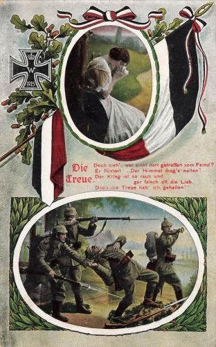 AK 1.WK Die Treue Spruchkarte Soldaten EK2 Frau Reichsfahne Patriotika Postkarte