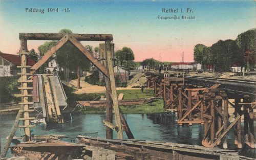 AK 1.WK Gesprengte Brücke Rethel Frankreich ungelaufen Patriotika Postkarte