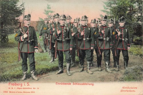 AK 1.WK Sächsische Jäger Nr. 12 Einrückende Schiessabteilung Freiberg Postkarte