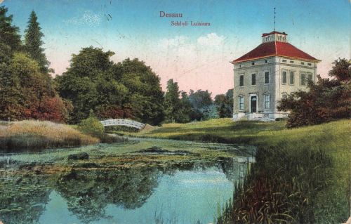 AK Dessau Schloss Luisium Teich Brücke Sachsen-Anhalt Postkarte