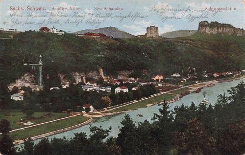 AK Bad Schandau Sendigs Villen Schrammsteine Sachsen 1910 gelaufen Postkarte