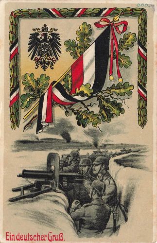 AK 1.WK Ein deutscher Gruß Schützengraben Soldaten MG 1918 gelaufen Patriotika