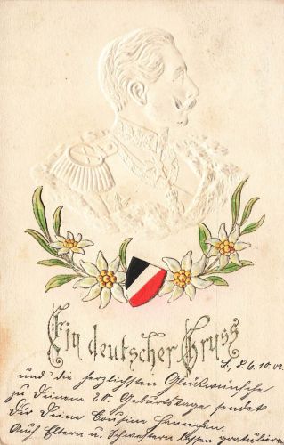 AK 1.WK Kaiser Wilhelm II Portrait 1902 gelaufen Patriotika Postkarte Geprägt