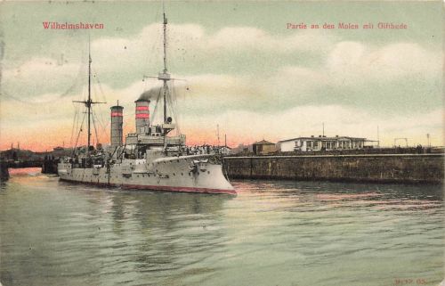 AK Wilhelmshaven Molen Giftbude Schiff Niedersachsen gelaufen Postkarte