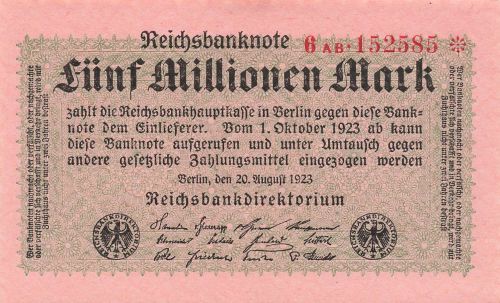Reichsbanknote 5 Millionen Mark 20.8.1923 DEU-117b Kassenfrisch/UNC