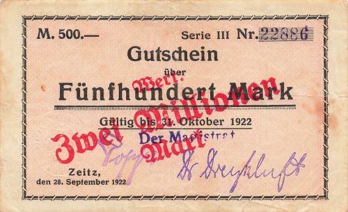 Zeitz, Stadt, 2 Millionen Mark Überdruck a. 500 Mark Notgeld 28.9.1922
