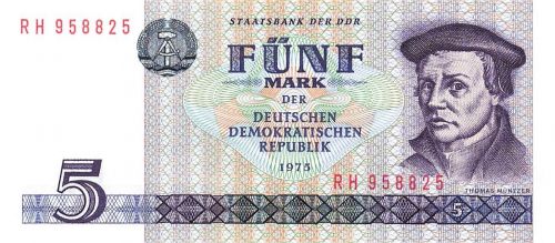 DDR Banknote 5 Mark 1975 Thomas Müntzer Ro: 361 KASSENFRISCH / UNC