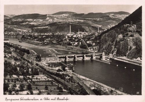 AK Aussig Burgruine Schreckenstein Staustufe Böhmen 1939 gelaufen Postkarte