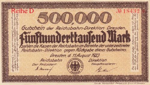 500000 Mark 11.8..1923 Reichsbahn -Direktion Dresden