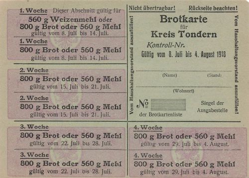 Notgeld Brotkarte TONDERN Stadt DNS Tonder Dänemark