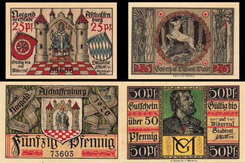 2 x Notgeld ASCHAFFENBURG Hirsch Wappen