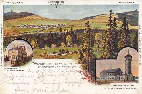 AK Gottesgab Unterkunftshaus Franz Josef Turm Böhmen Erzgebirge 1908 Postkarte