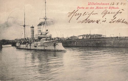 AK Wilhelmshaven Molen mit Giftbude Schiff Niedersachsen 1908 gelaufen Postkarte